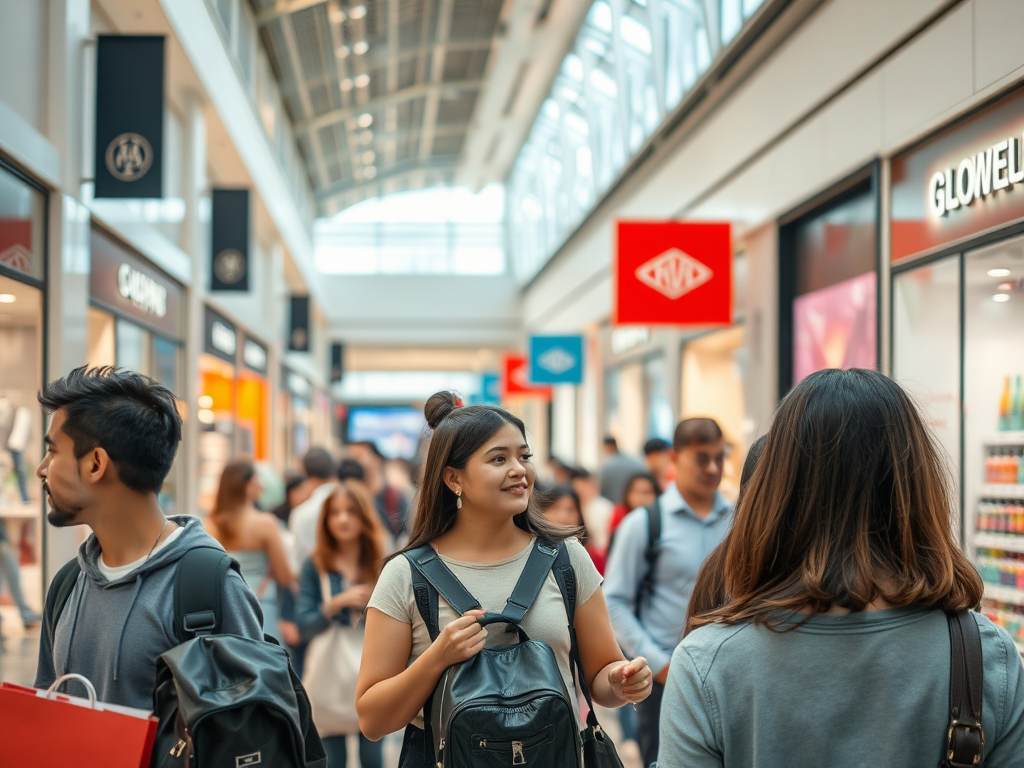 a lad walking down a busy shopping mall